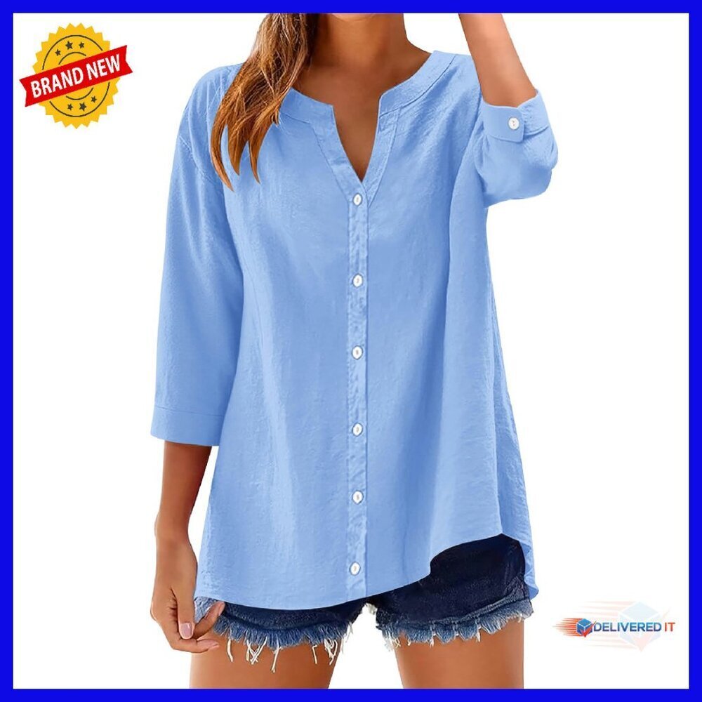 Cotton 3/4 Sleeve Button Down Blouse Loose Fit V Neck Casual